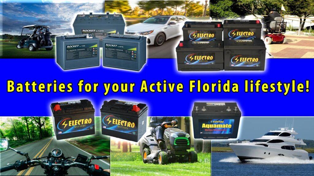 Batteries for your active Florida lifestyle, golf cart on grass, car on the road, man in mobility scooter, motorcycle on road, lawn mower cutting grass, white boat on water